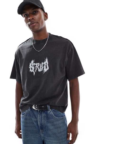 Pull&Bear - STWD - Grunge T-shirt met print in antracietgrijs - view 1