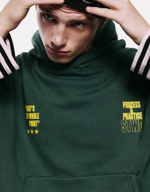 Pull&Bear Stwd hood sweatshirt in green, 3 of 7