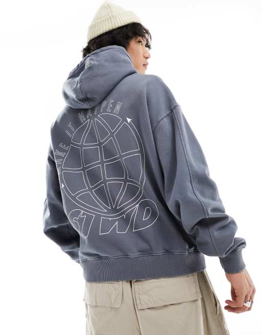 Pull&Bear stwd back printed hoodie in gray