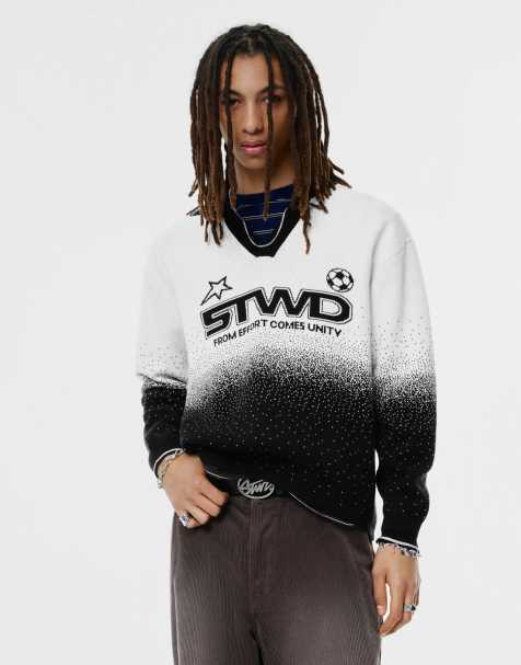 Pull&Bear - STWD - Hvid/blå strikket poloskjorte i fodboldstil - view 1