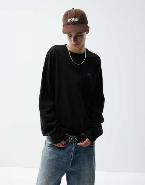 Pull&Bear Stwd Langarm-T-Shirt in Schwarz - view 1