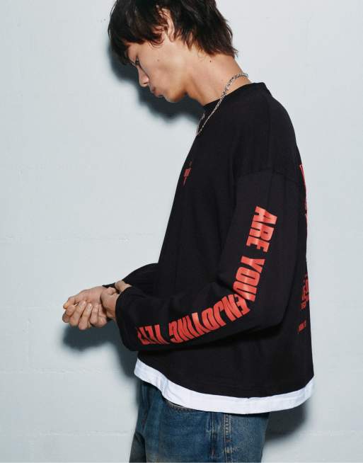 Pull&Bear Stwd long sleeve t-shirt in black, 4 of 7