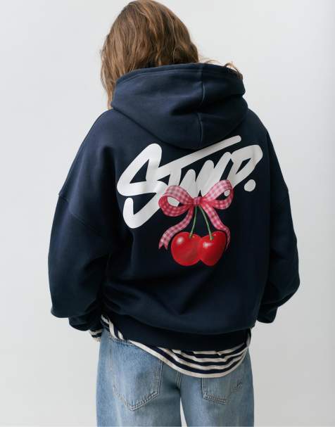 Pull&Bear - Stwd - Marineblå hættetrøje med kirsebærprint - view 1