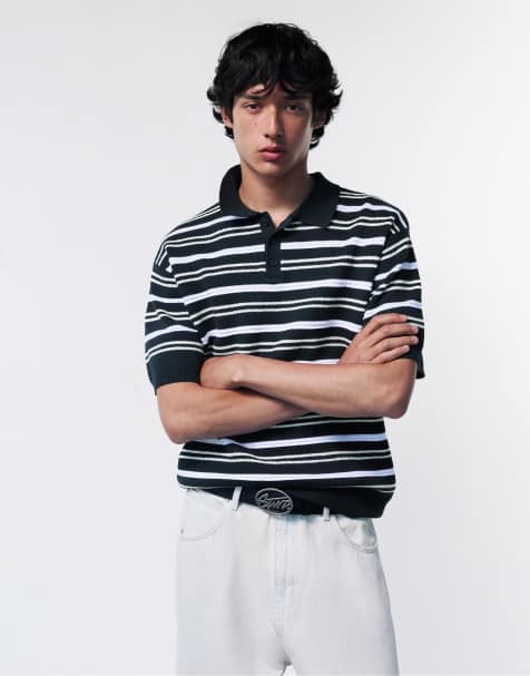Pull&Bear - STWD - Marineblå stribet poloskjorte i strik - view 1