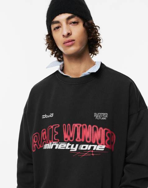 Pull&Bear – STWD – Mörkgrå sweatshirt med Race Winner-tryck - view 1