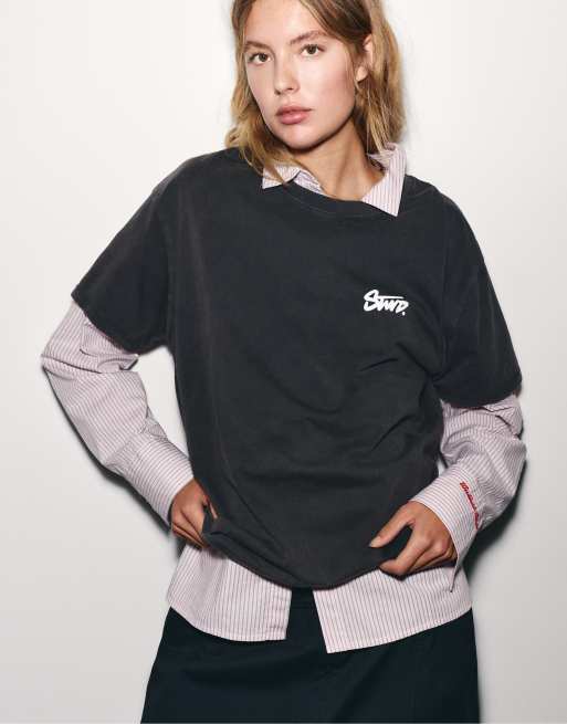 Pull&Bear Stwd nummer graphic T-shirt in vervaagd zwart, 5 van 7