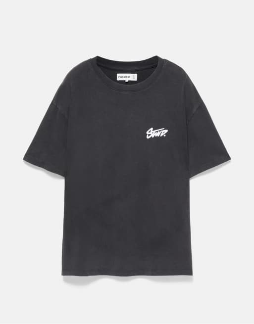 Pull&Bear Stwd nummer graphic T-shirt in vervaagd zwart, 6 van 7