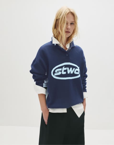 Pull&Bear Stwd panelled polo shirt in navy - view 1