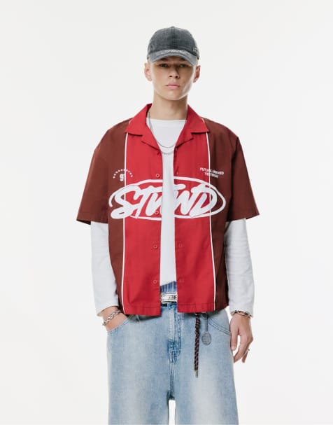 Pull&Bear Stwd panelled shirt in red - view 1