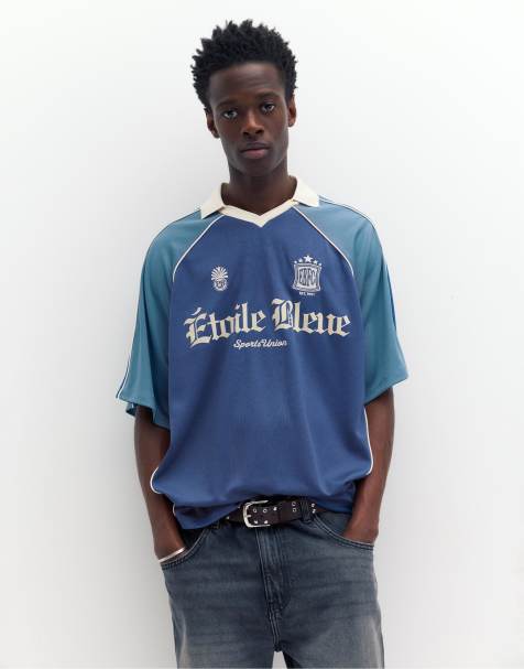 Pull&Bear - Stwd - Polo da calcio blu intenso con grafica - view 1
