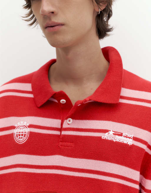 Pull&Bear - STWD - Polo en maille à rayures - Rouge, 3 de 4