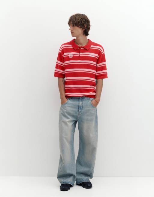 Pull&Bear - STWD - Polo en maille à rayures - Rouge, 4 de 4