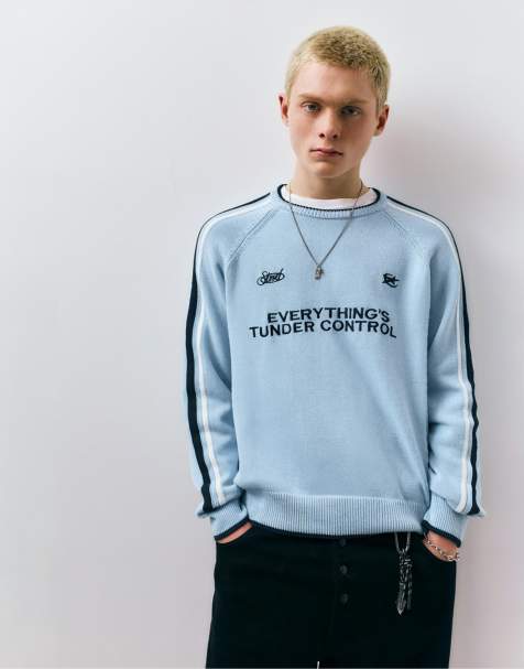 Pull&Bear - Stwd - Pull brodé à rayures - Bleu ciel - view 1