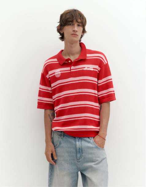 Pull&Bear – STWD – Röd, randig, stickad pikétröja - view 1