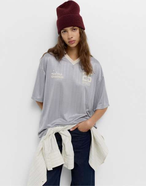 Pull&Bear Stwd satin football t-shirt in grey - view 1