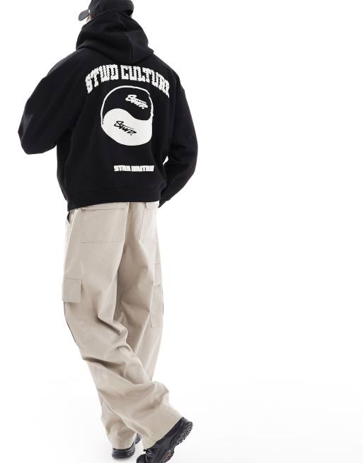 Pull&Bear - STWD - Sort hættetrøje med yin/yang-print på ryggen
