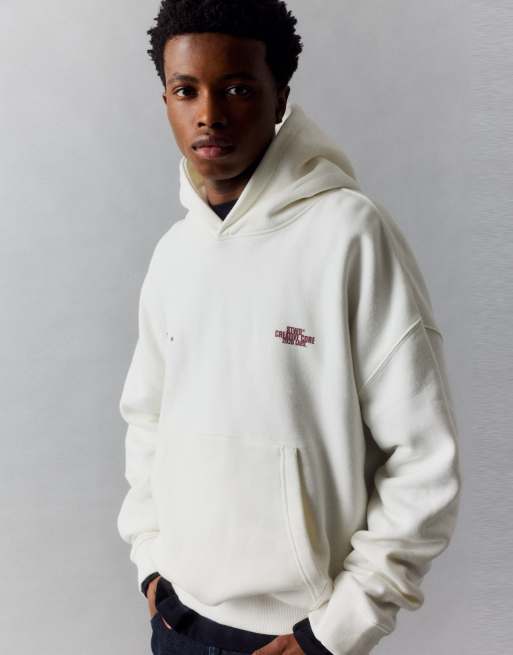Pull&Bear Stwd star sweatshirt with hood in white, 3 of 7