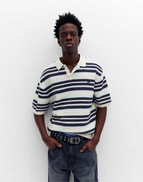 Pull&Bear Stwd striped knit polo shirt in off white