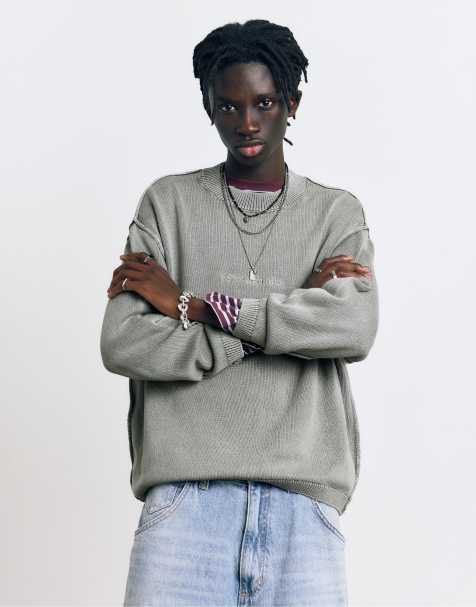 Pull&Bear Stwd studio embroidered jumper in faded black