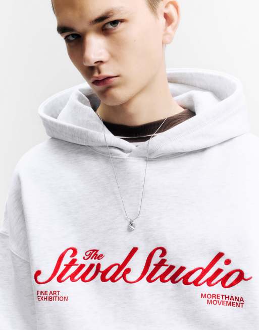 Pull&Bear Stwd studio hoodie in grey marl, 3 of 4