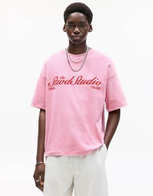 Pull&Bear STWD studio t-shirt in pink - view 1
