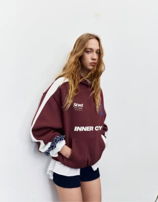 Pull & Bear - STWD - Sweat à capuche à imprimé Inner City - Bordeaux-Rouge M