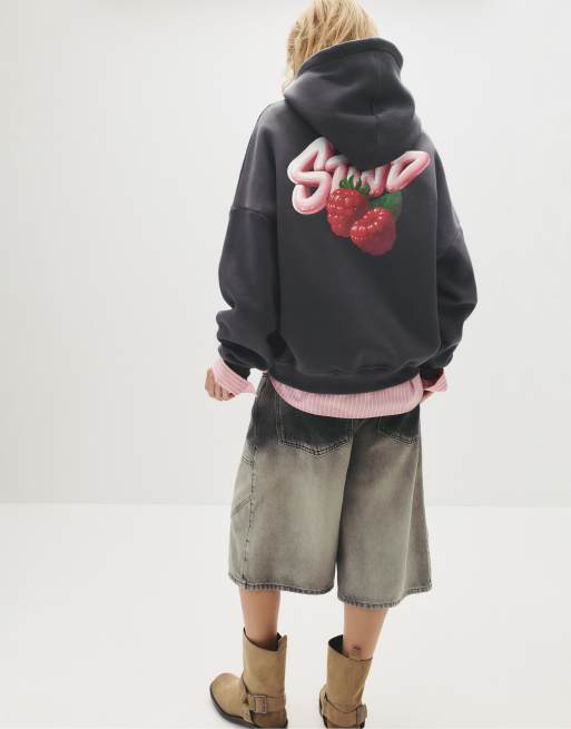 Pull&Bear - STWD - Sweat à capuche à motif framboises - Gris