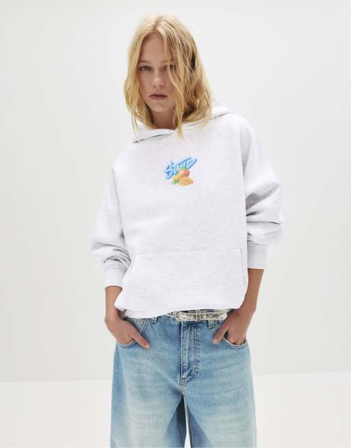 Sweat à capuche en coton mélangé écru uni avec une coupe droite et col croisé