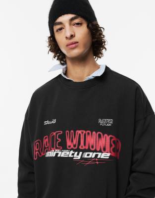 Pull & Bear - STWD - Sweat à inscription Race Winner » - Gris foncé