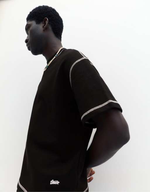 Pull&Bear - STWD - Sweatshirt met korte mouwen en siernaden in zwart, 3 van 4