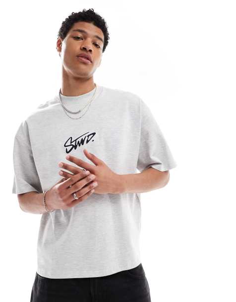 Pull&Bear - STWD - T-shirt avec logo à l'avant - Gris chiné - view 1