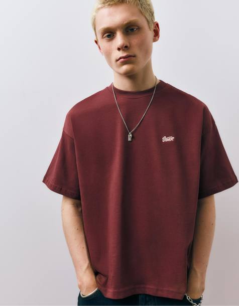 Pull&Bear - STWD - T-shirt coupe carrée à logo - Bordeaux - view 1