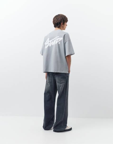 Pull&Bear - STWD - T-shirt coupe carrée à logo - Gris bleu - view 1