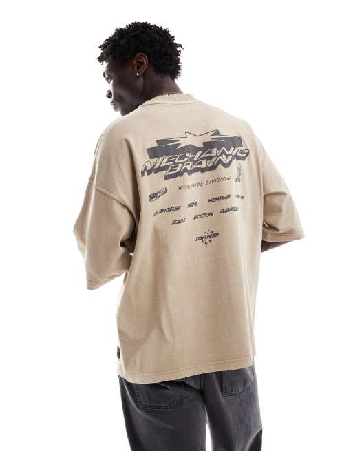 Pull&Bear - STWD - T-shirt met Mechanic-print in ecru
