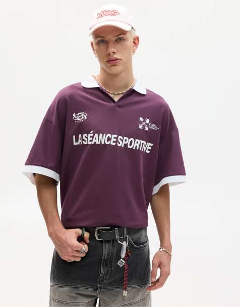 Pull&Bear - STWD - Vinrød fodbold-T-shirt med polokrave - view 1