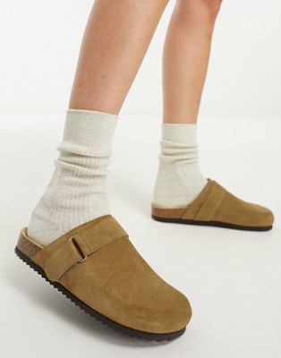 Pull&Bear suede clog with buckle in brown