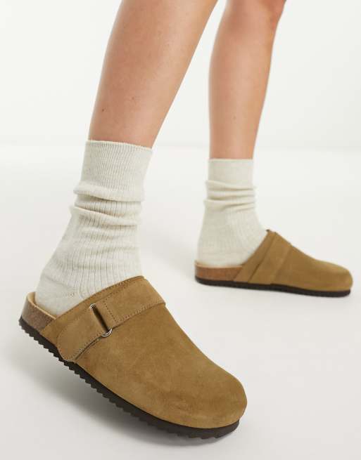 Pull&Bear suede clogs with buckle in brown
