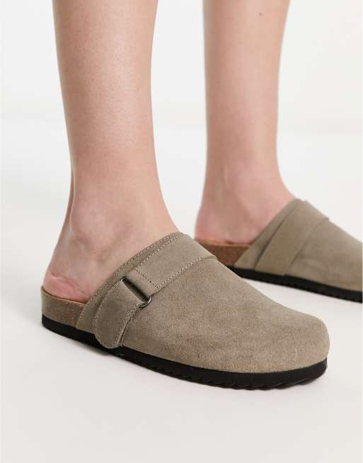 Pull Bear suede clogs with buckle in stone