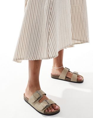 Pull & Bear Suede Double Strap Sandals In Beige-neutral