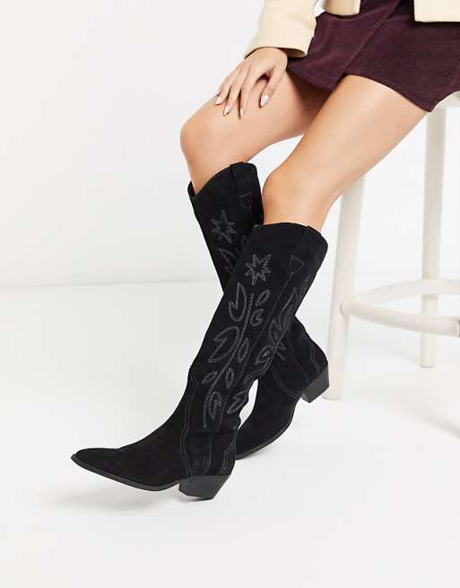 Pull&Bear suede hi-leg western boots in black | ASOS