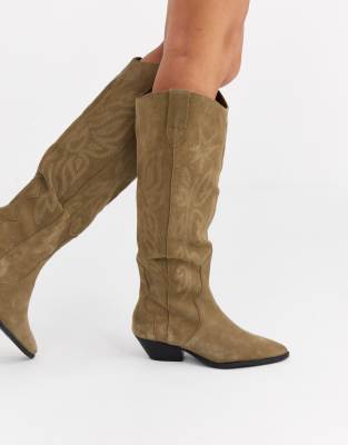 Pull Bear suede high leg western boots in taupe