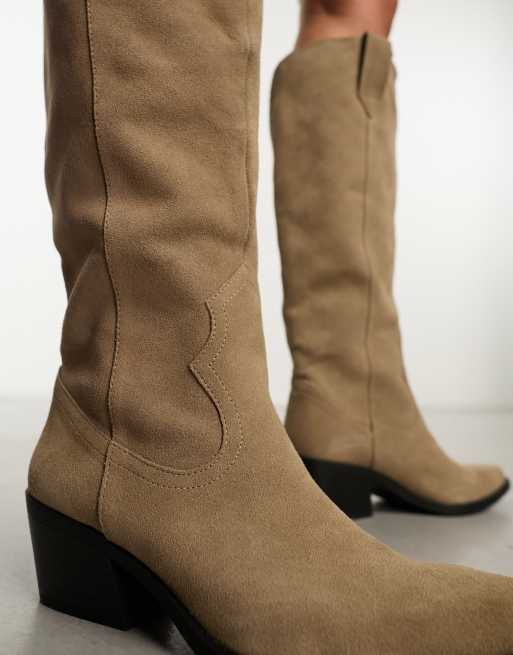 Pull&Bear suede knee high western boot in sand