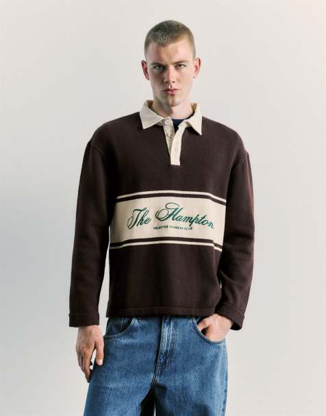 Pull&Bear Suede long sleeve graphic polo shirt in chocolate - view 1
