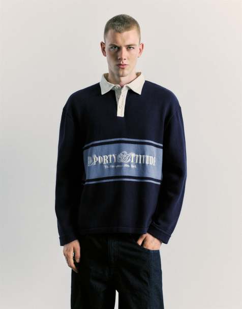 Pull&Bear Suede long sleeve graphic polo shirt in navy