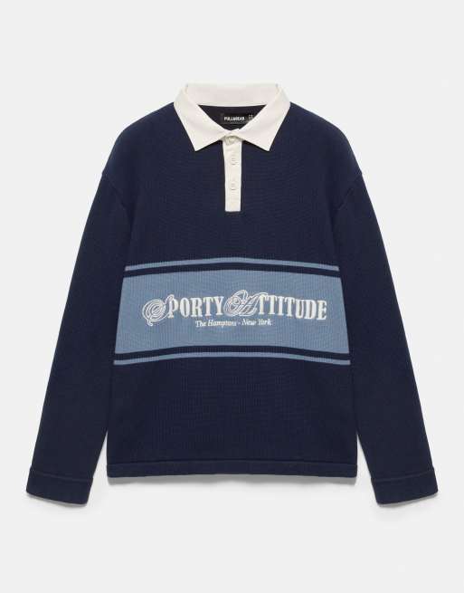 Pull&Bear Suede long sleeve graphic polo shirt in navy, 4 of 7