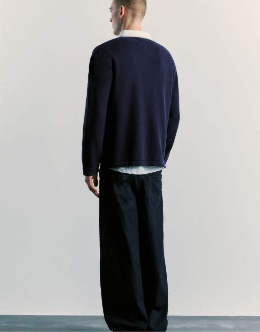 Pull&Bear Suede long sleeve graphic polo shirt in navy, 7 of 7