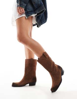 Pull & Bear Suede Mid Calf Boots In Brown