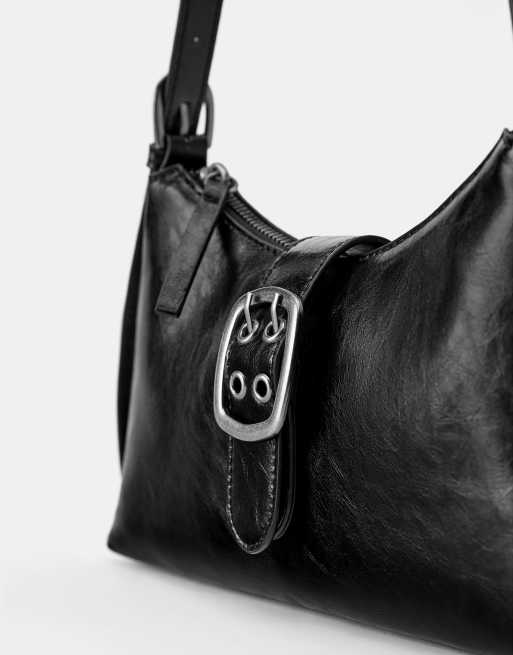 Pull&Bear Suede shoulder bag with buckle in black, 3 of 4