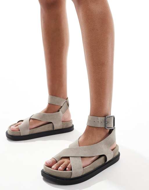 Pull&Bear suede strappy sandals with toe detail in stone