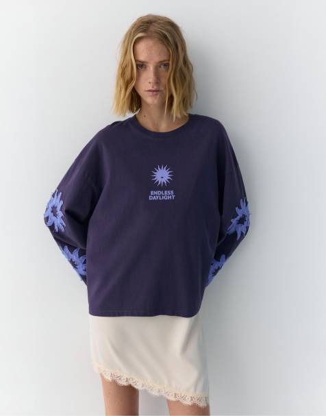 Pull&Bear Sun graphic long sleeve t-shirt in navy